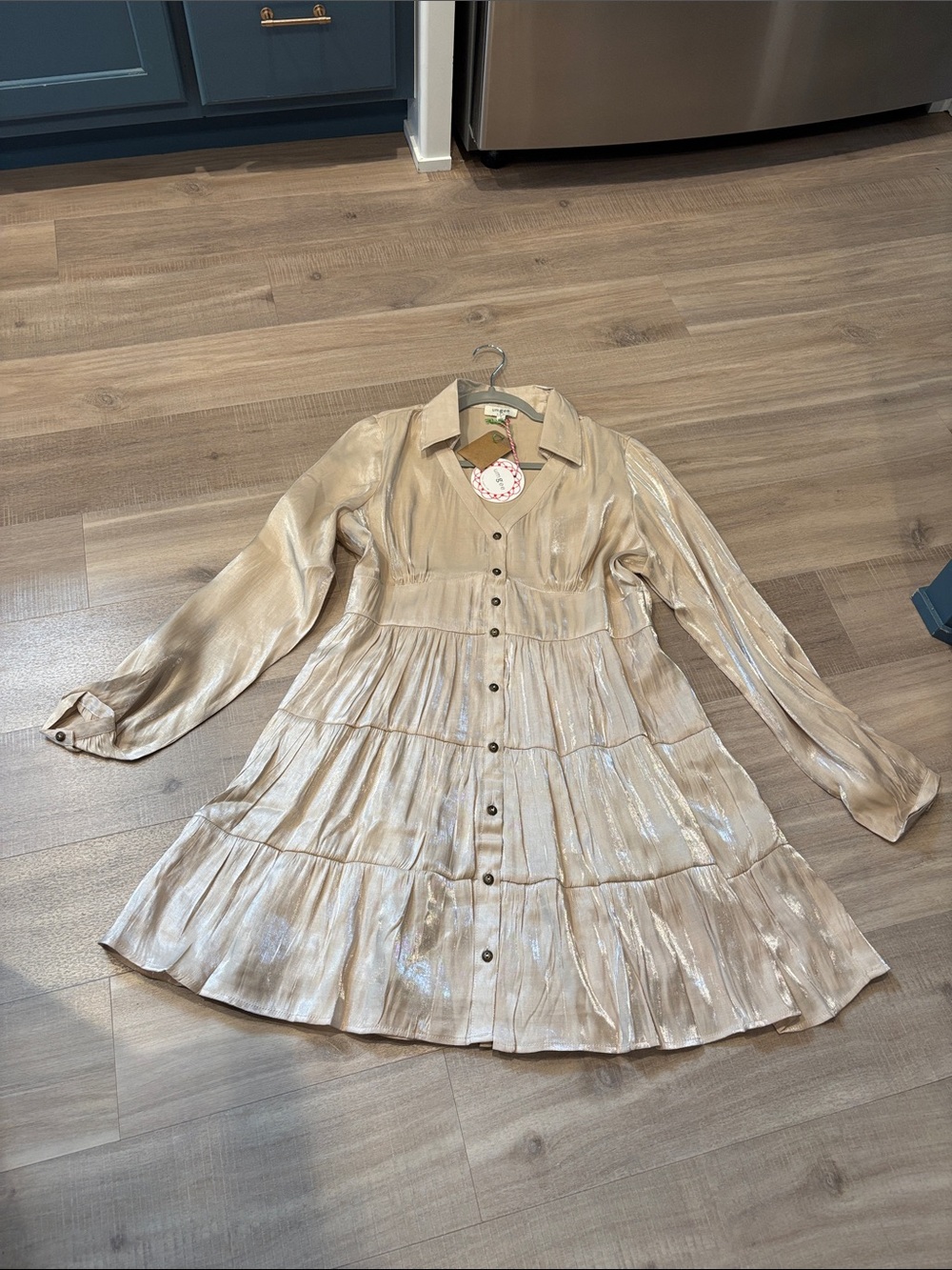Umgee Cream Metallic Tiered Button-Front Dress